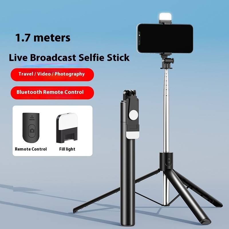 R1-L Ausziehbares Selfie-Stick-Stativ mit Bluetooth-Fernbedienung und LED-Licht, tragbare Telefonhalterung für Reisen, Vlogging, Live-Streaming_voghion.com