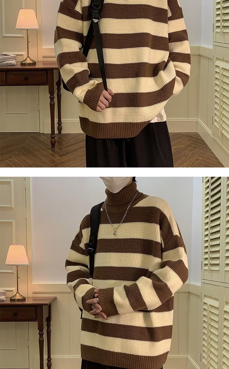 Maglione a collo alto a righe bianche e nere per uomo, stile retrò giapponese, pigro e di alta qualità. Maglione lavorato a maglia con inserti a contrasto_voghion.com