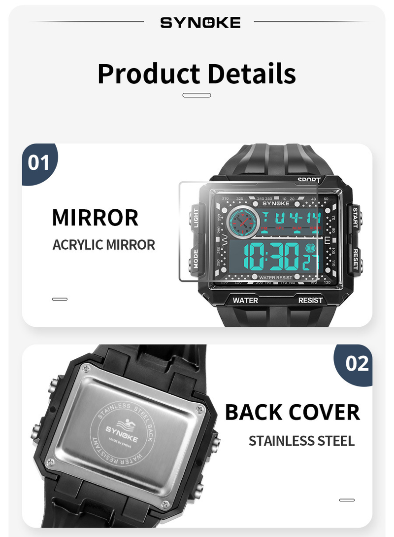 Men's Punk Street Style LED Waterproof Digital Sports Watch With Large Square Screen, Retro Design, Non-Mainstream Fashion, Unisex Appeal_voghion.com