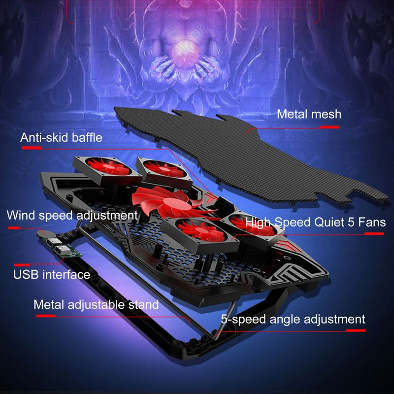 Xinweiqing K5 Killpad Fënnef Ventilatoren Komfortwénkel Duebel USB Ports Justierbar Wandgeschwindegkeet Laptop Killer fir Notebook_voghion.com