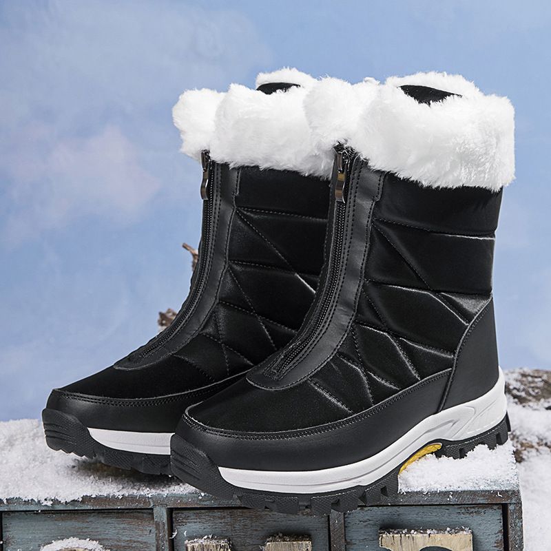 Dames sneeuwlaarzen met rits aan de voorkant en lange pluche voering, dikke warme winterlaarzen, waterdicht en slipvast, hoge katoenen laarzen_voghion.com