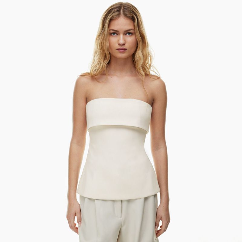 Women's Summer New Style Strapless Backless Slim Fit Slit Solid Color Casual Collar T-shirt Top_voghion.com