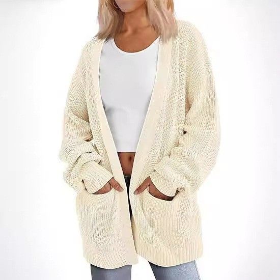 Cardigan lungo oversize da donna in maglia con tasche – Maglione aperto sul davanti con scollo a V in acrilico morbido, comodo capo da indossare a strati in autunno e inverno_voghion.com