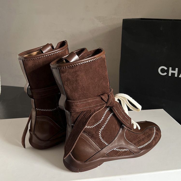 Inner Height Increase Duck Hunting For Women, Ins Style Versatile Color Block Niche Design Lace-up Boxing Boots, Outdoor_voghion.com