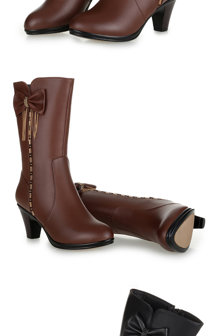 Women's Boots Fashionable Head Cowhide Mid Calf Boots Leather Cotton Shoes High Heel Wool Boots_voghion.com