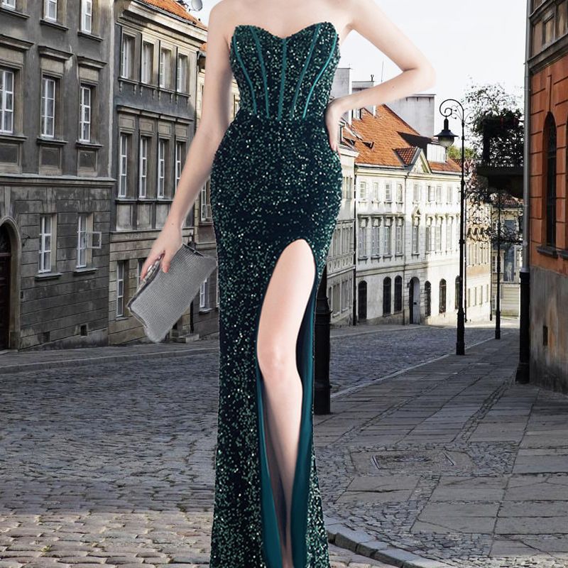 Women's Clothing Illusionary Sequins Back Tie Corset style Side Slit Tube Top Herringbone Evening Dress_voghion.com