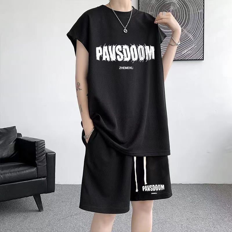 Summer new plus size men's sports suit Waffle trendy sleeveless vest t-shirt versatile casual two-piece set 12_voghion.com