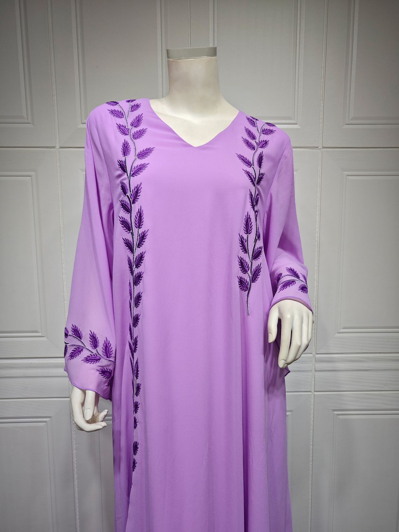 Damenmode Street Chiffon langes muslimisches besticktes rosafarbenes Rundhalskleid mit Hijab_voghion.com