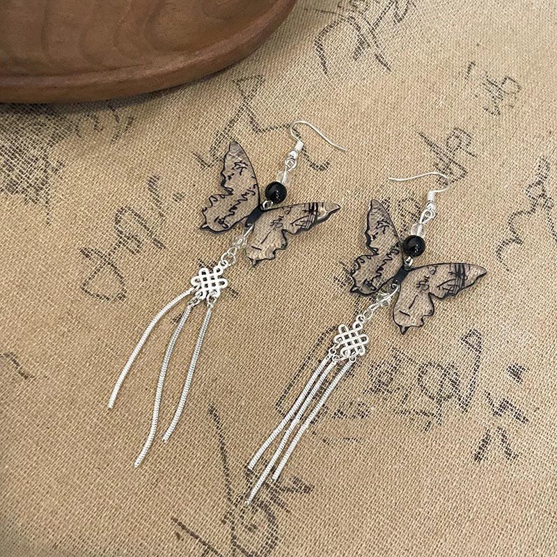 Nuovi orecchini a farfalla con inchiostro cinese, Qipao in stile antico, accessori Hanfu, ganci, clip, ornamenti per le orecchie, unici_voghion.com