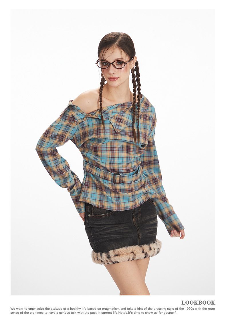 Women's Clothing Women's Asymmetric Collar Shirt - Slim Fit Checkered Top With Waist Tie_voghion.com
