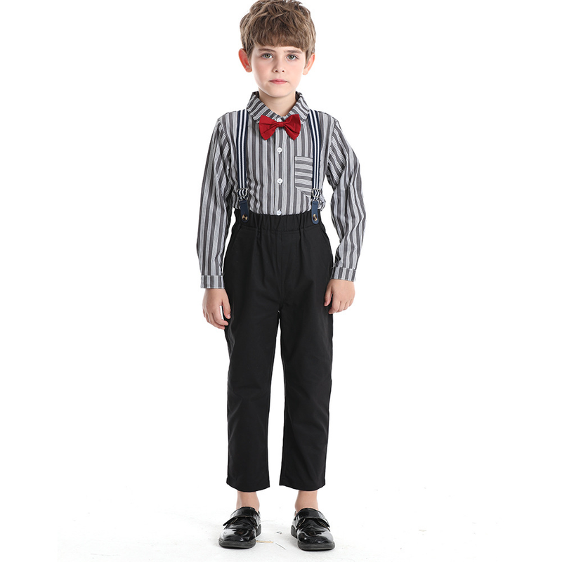 Abito autunnale da ragazzo Pantaloni con cinturino a camicia a righe inglesi per bambini alla moda belli della scuola media_voghion.com
