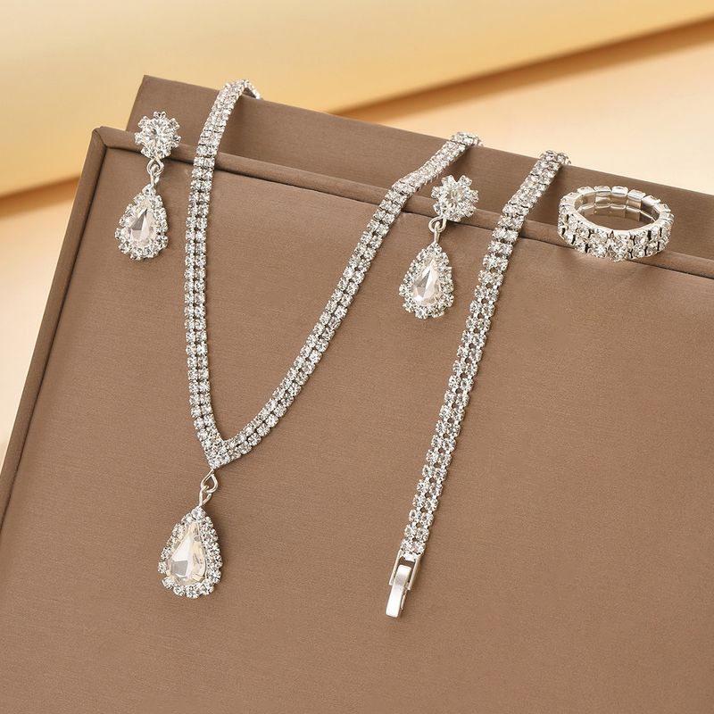 Set di gioielli da donna, alla moda, dal design semplice e alla moda, con ciondolo a forma di goccia di diamante, collana, orecchini, anello, gioielli, set da sposa, accessori_voghion.com