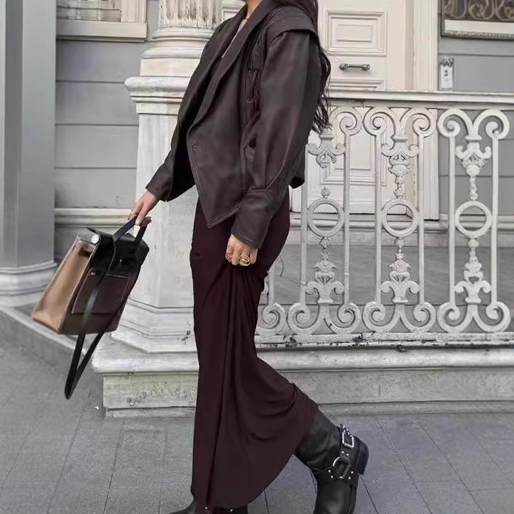 2024 Autumn New Fashionable Elegant Lapel Tie Long Sleeve Jacket Leather Coat Commuter Style_voghion.com