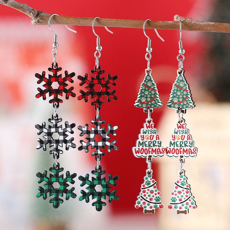 Brincos de árvore de Natal e floco de neve de madeira feitos à mão – Brincos pendurados festivos para mulheres (conjunto de 3)_voghion.com