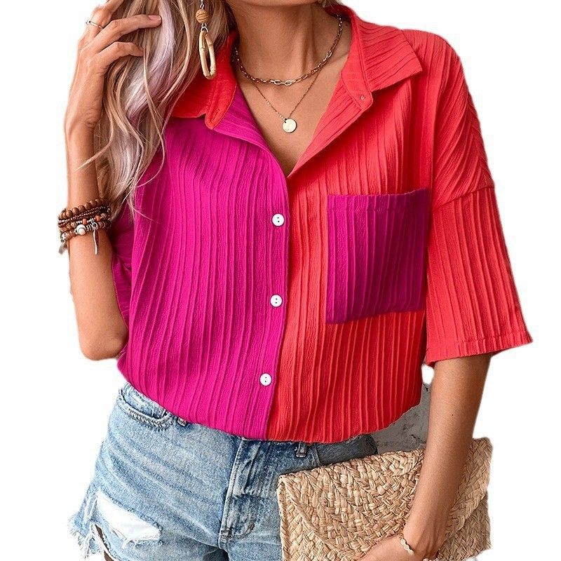 Verve 2025 Summer Button-Up Lapel Patchwork Short Sleeve Casual Top Women's Shirt_voghion.com