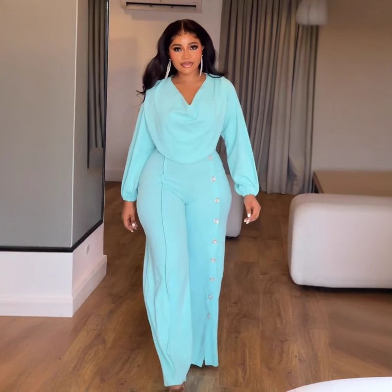 Women's Clothing Lantern Sleeve Waist Button Decoration Wide Leg Jumpsuit_voghion.com
