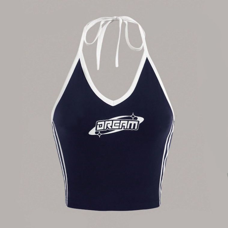 2024 New Style Letter Printed Color Contrasting Fashion Casual Set, Spicy Girl Slimming Strap Tank Top_voghion.com