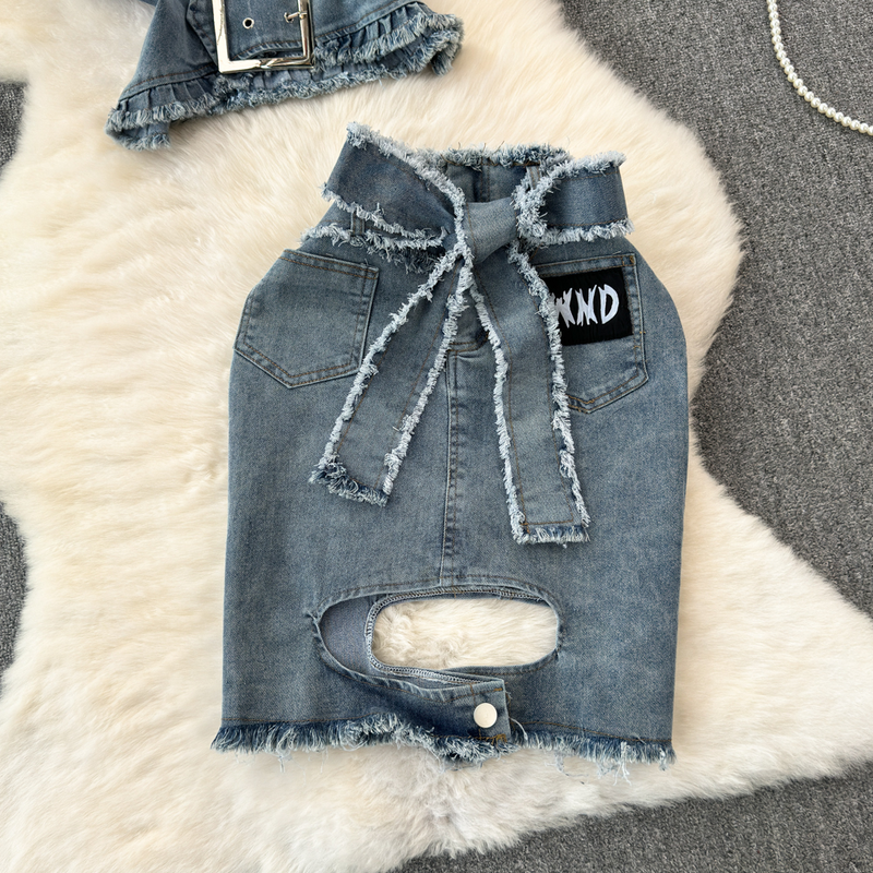 Damen Hot Girl Retro V-Ausschnitt Rüschen ärmelloses Jeanstop Zweiteiliger Hüftrock mit hoher Taille_voghion.com