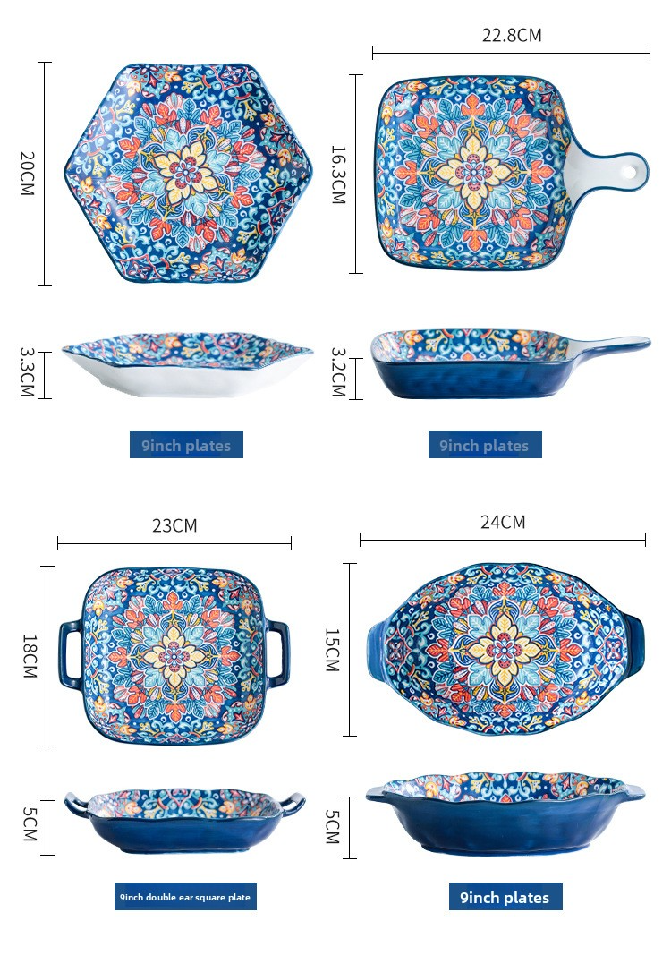 Baroque Style Ceramic Dinnerware Set - 16-Piece Handled Bowls & Plates For Rice & Soup_voghion.com