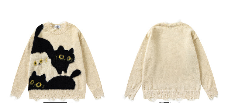 Pull en mohair déchiré avec motif chat mignon, marque tendance, style rétro, dessin animé, pour homme, style universitaire, pour couple, décontracté, tricoté_voghion.com