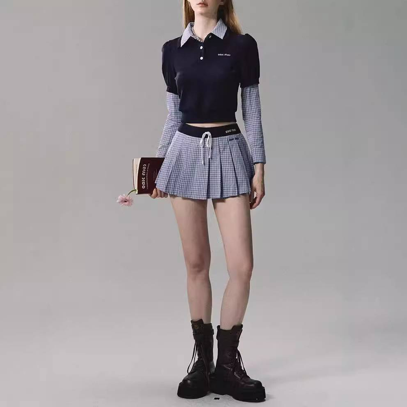 Completo casual da donna in due pezzi - Completo elegante con camicia e gonna corta con pantaloncini incorporati, comodo misto poliestere, alla moda_voghion.com