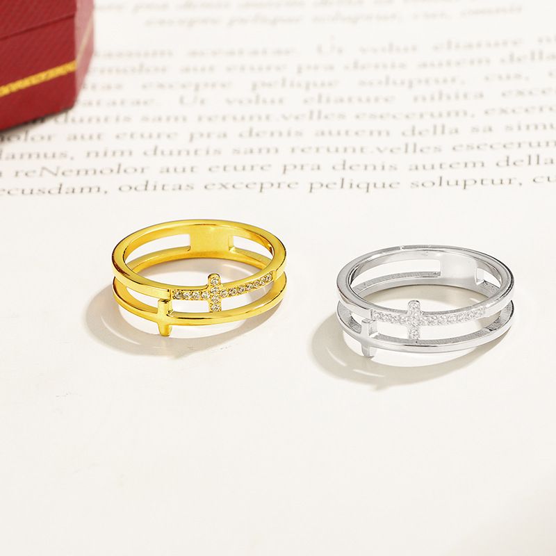 Ins double layer cross diamond ring titanium steel cold style light luxury temperament exquisite hand jewelry men and women fashion jewelry_voghion.com