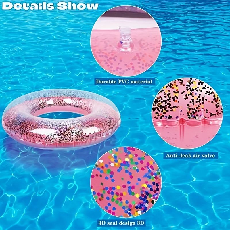 Glittrig transparent badring förtjockad PVC uppblåsbar poolmadrass för vuxna och barn, mousserande vatten, flytande ring med skimrande effekt_voghion.com