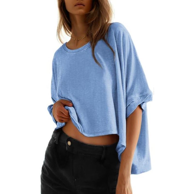 Damen 2025TK Sommer Casual Oversized Bat Misaligned Twisted Kurzarm T-Shirt für Damen_voghion.com