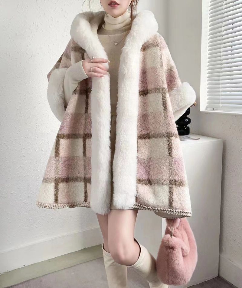 Women's Clothing Plaid Fleece-Lined Hooded Cape Poncho Coat - Warm Winter Oversized Open Front Cardigan With Faux Fur Trim (Multiple Colors Available)_voghion.com