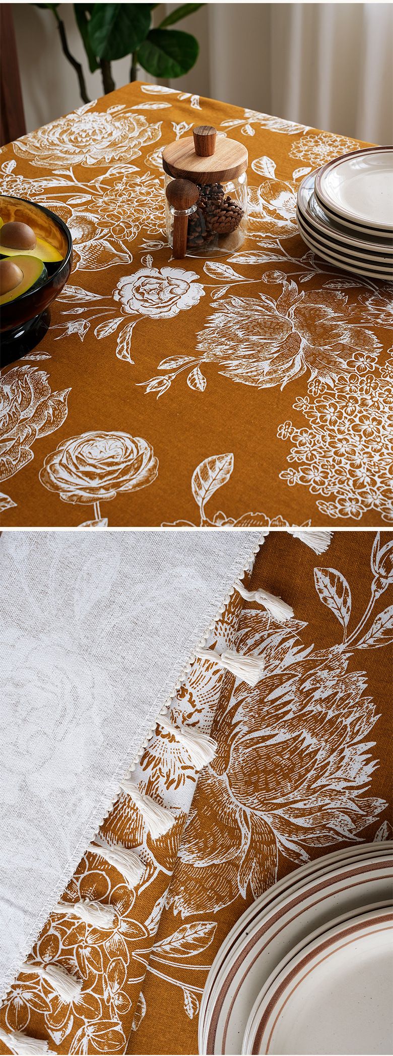 Vintage Floral Tablecloth – Luxe Polyester Rectangular Table Cover For Dining, Coffee, Tea Party – 150x100cm To 150x300cm – Warm Brown & Navy Blue_voghion.com