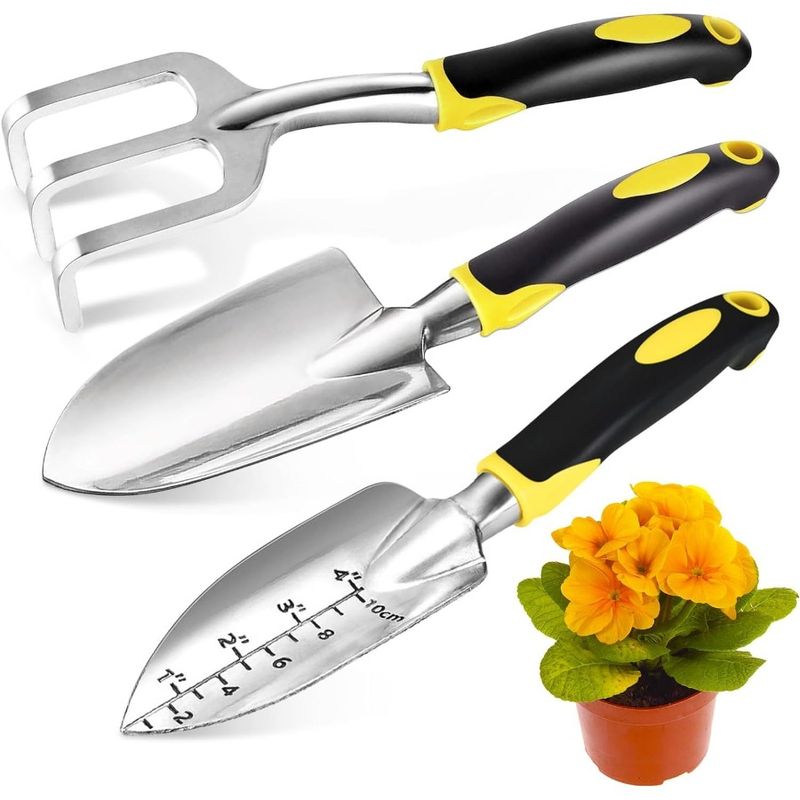 Gardening Hand Tools 3 Piece Set Heavy Duty Garden Trowel Transplanter Hand Rake Ergo Grip Handle BendProof RustProof Design_voghion.com