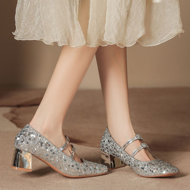H923-1 Scarpe col tacco alto da donna, estive, di alta qualità, nuove, perle, Mary Jane, argento, splendide scarpe singole da donna_voghion.com