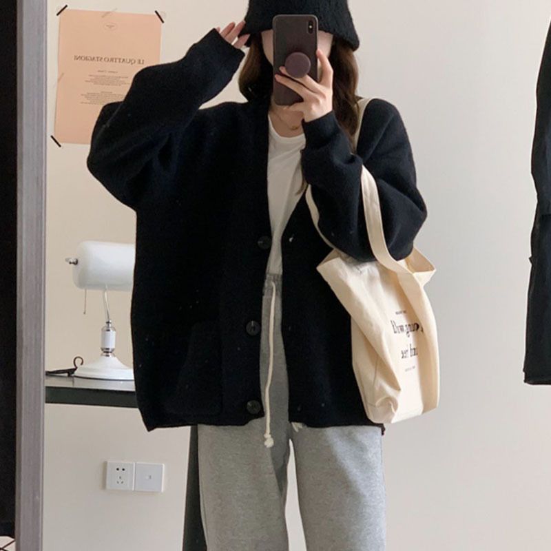 Lazy Style Graue Strickjacke Damen Herbst Neue Koreanische Version Lose Pullover Jacke Mittellanges Oberteil_voghion.com