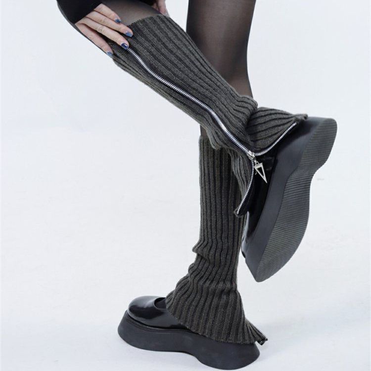 Woolen Sock Spicy Girls, Autumn And Winter Women's New Long Leg Sleeves, JK Warm Solid Color Versatile Knitted Zipper_voghion.com