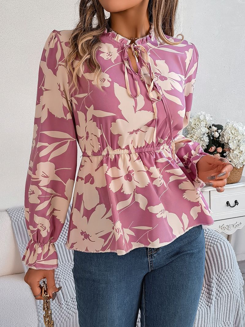 2025 herbst Winter Neue Casual Floral Lace-Up Langarm Chiffon Bluse frauen Mode_voghion.com