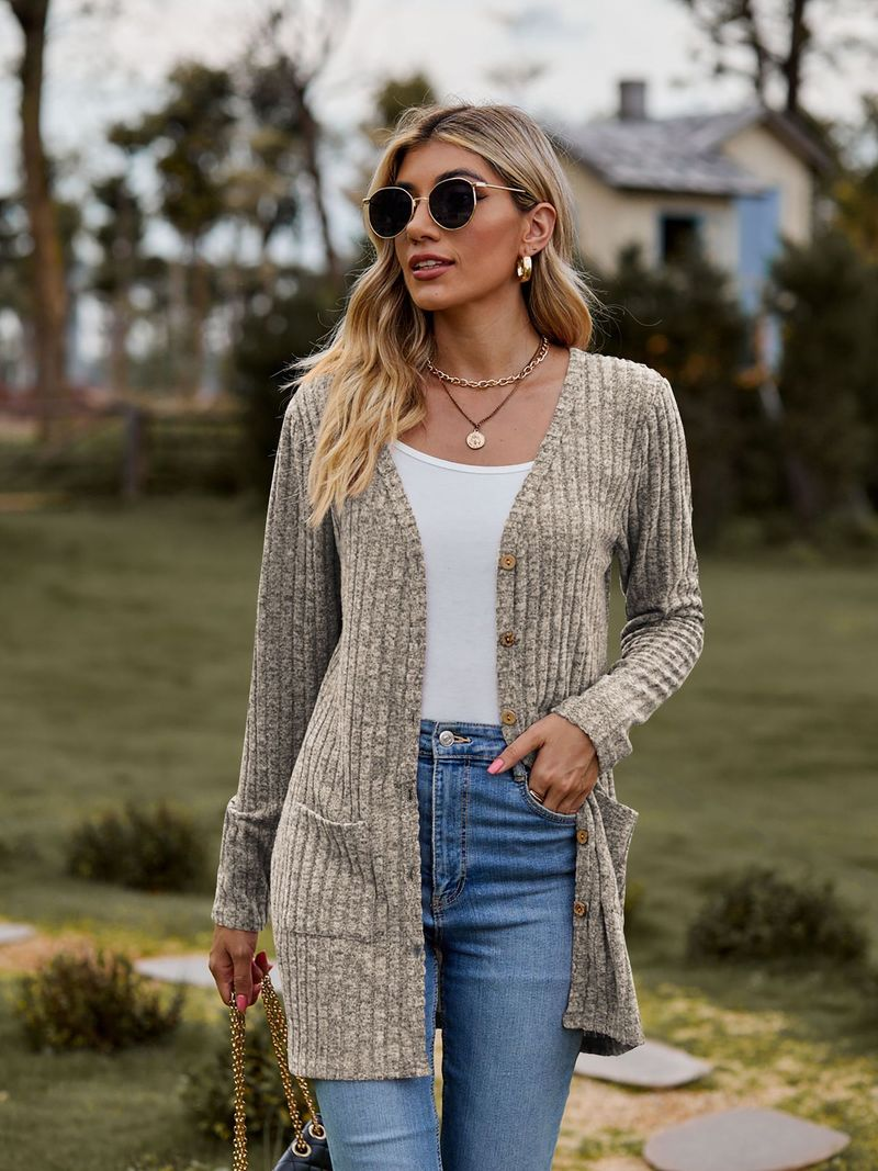 Nueva chaqueta tipo cárdigan de manga larga de color liso con tiras cepilladas para mujer_voghion.com