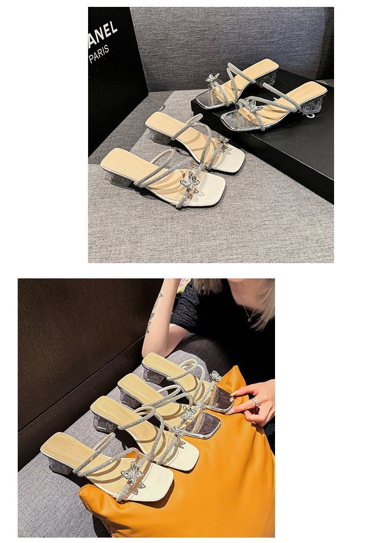 Women's Chunky Heel Sandals - Summer 2025 Crystal Rhinestone Butterfly Slides With Block Heel Elegant Dressy Open-Toe Shoes_voghion.com