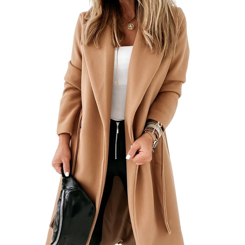 Eleganter langer Wollmantel für Damen – Trenchcoat in Übergröße mit Gürtel, Bürokleidung, Herbst-Winter-Mode_voghion.com