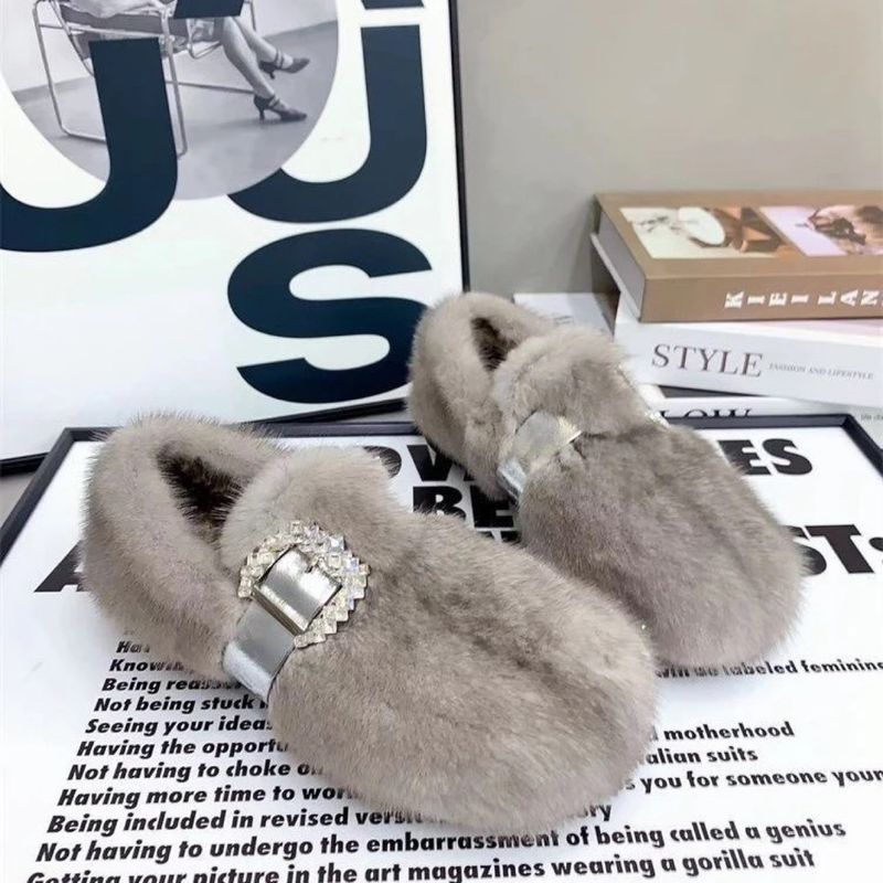 2025 Nuove scarpe da donna con fodera in pelliccia di visone, mocassini in cotone con fodera in pelliccia, scarpe basse con suola spessa, moda_voghion.com