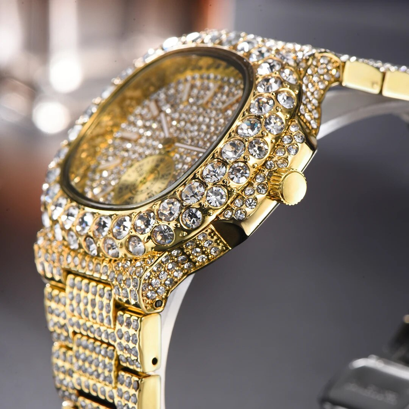 MISSFOX Ceasuri Bărbați Automatic Data Fashion Hip Hop Iced Diamond Bling Waterproof Gold Quartz Wrist Watch Mans Reloj 2023_voghion.com