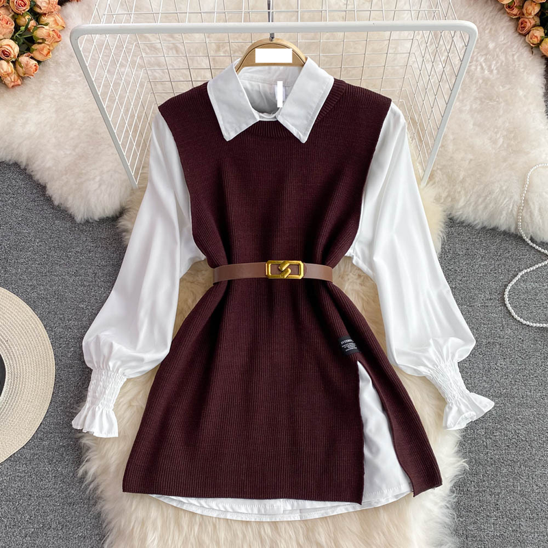 Il maglione con gilet diviso in carne da donna con copertura ampia e piega indossa due set_voghion.com