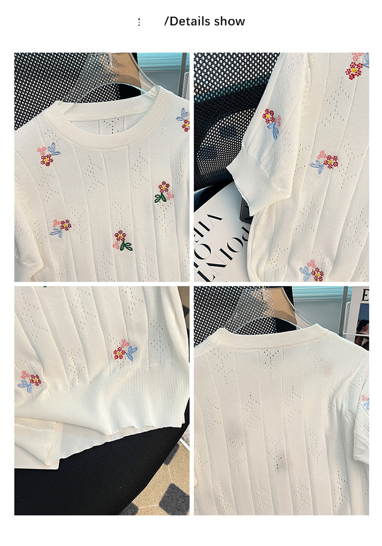 Women's Clothing Small fragrance style flower hollow knitted short sleeved women's clothing summer new design niche versatile loose top_voghion.com