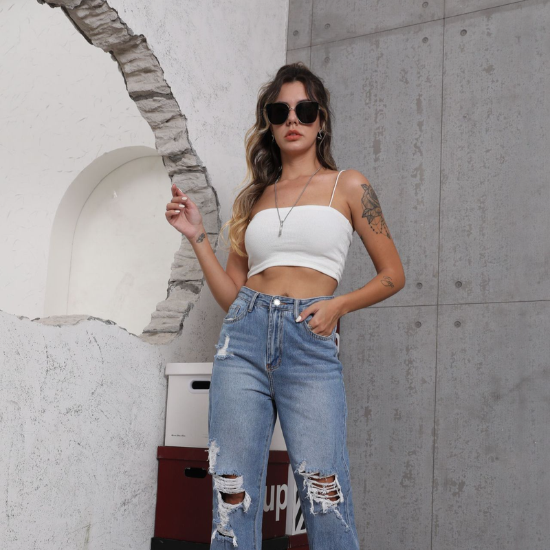 Women's Clothing Street Straight Pants Ripped Thin Light Blue Pants_voghion.com