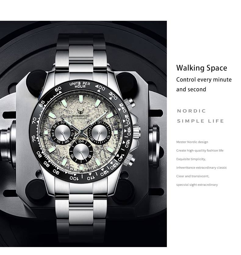 Montre mécanique ROERDUM Meteorite Daytona pour homme, bracelet en alliage, cadran argenté, tendance_voghion.com
