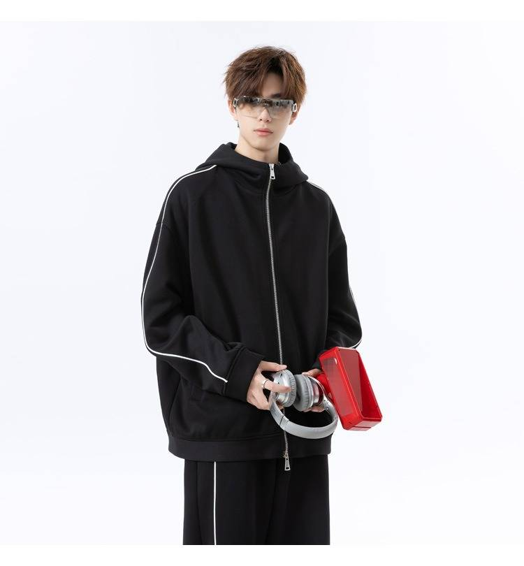 Reflective Stripe Hooded Sweatshirt & Jogger Pants Set For Men - Breathable Cotton Blend, Unisex Athletic Two-Piece Outfit (White Grey/Black, M-5XL)_voghion.com