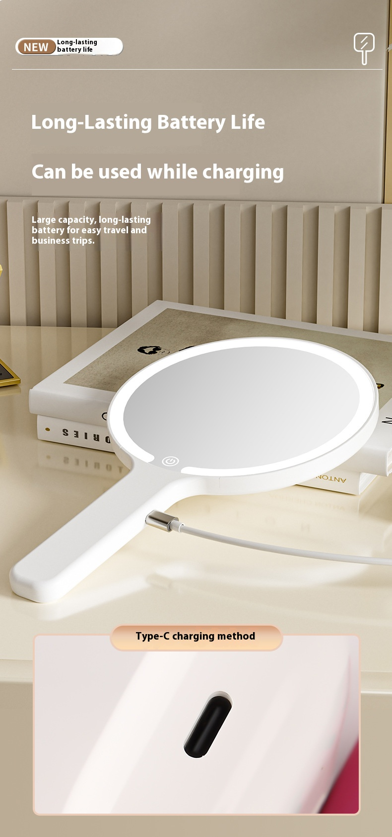 LED-Kosmetikspiegel mit einstellbarer Beleuchtung – tragbarer Hand-Schminkspiegel mit 3 Farbmodi, über USB wiederaufladbar_voghion.com
