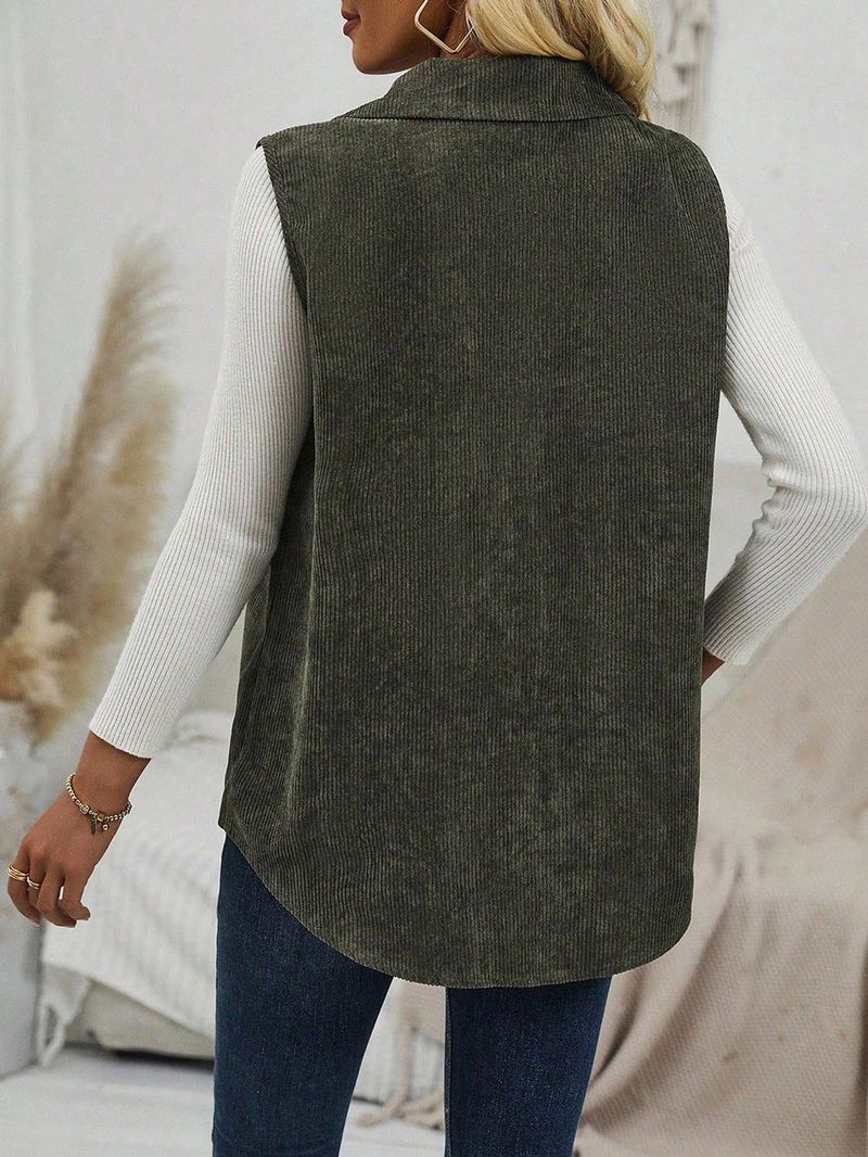 Gilet spolverino in velluto a coste da donna – Giacca lunga con bottoni e colletto a revers, cardigan casual da ufficio color cammello, capo essenziale per un look a strati in poliestere_voghion.com