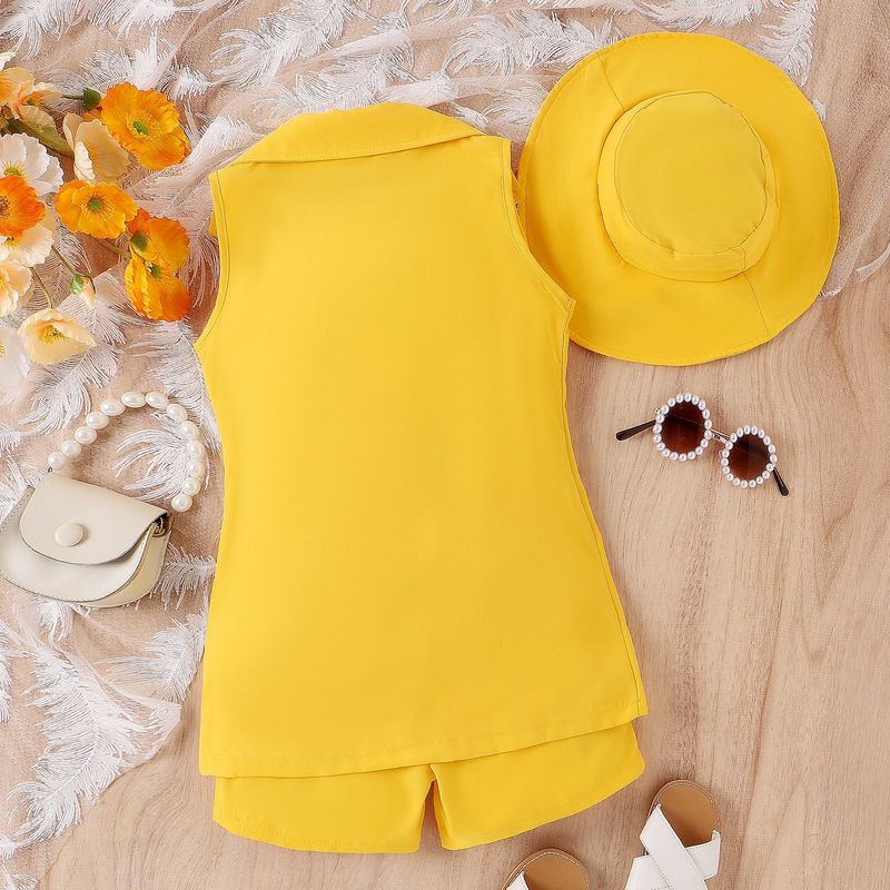 Trendy Spring/Summer Small and Medium School Girl with Sling+Solid Color Sleeveless Suit+Shorts+Hat Set of Four_voghion.com