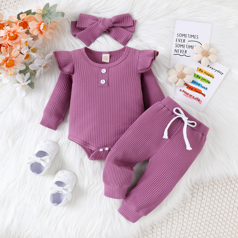 Babykleidung, einfarbig, lässig, Pit-Strip, Langarm, kleine fliegende Ärmel, einteilige Harshirt-Hose, dreiteilige Schleife, Kopftuch_voghion.com