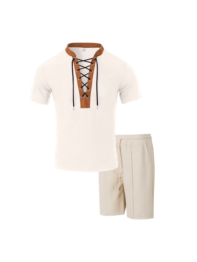 Completo da uomo composto da t-shirt a maniche corte e pantaloncini in maglia a nido d'ape - Collo rotondo marrone con coulisse in vita, completo casual in due pezzi_voghion.com